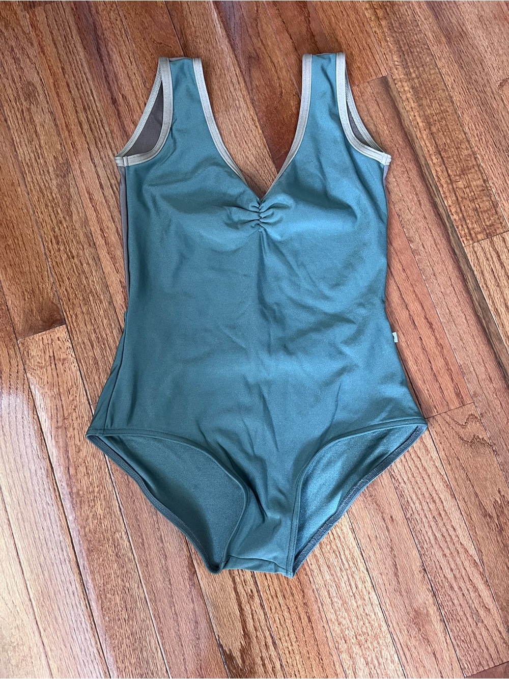 Yumiko Brown and sage green customized dance leotard, size L